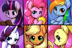 Size: 1024x682 | Tagged: safe, artist:dobado, derpibooru import, applejack, fluttershy, pinkie pie, rainbow dash, rarity, twilight sparkle, earth pony, pegasus, pony, unicorn, balloon, blowing up balloons, book, crossed arms, eyebrows, looking at you, mane six, smiling, straw in mouth