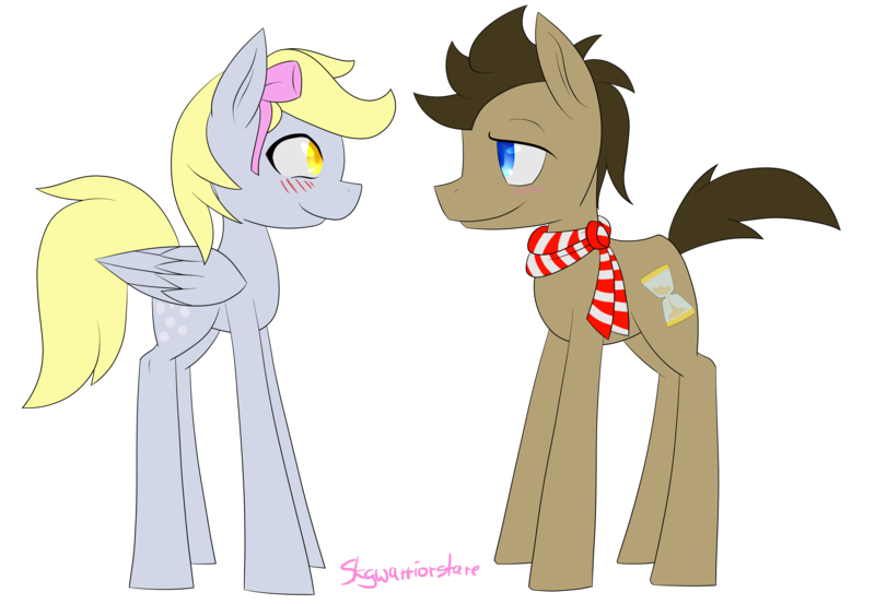 Size: 4675x3229 | Tagged: safe, artist:skywarriorstare, derpibooru import, derpy hooves, doctor whooves, time turner, pegasus, pony, bow, clothes, doctorderpy, female, looking at each other, male, mare, scarf, shipping, straight