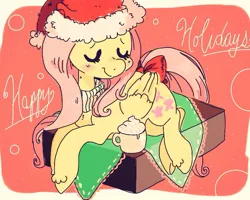 Size: 960x768 | Tagged: safe, artist:supernoncutie, derpibooru import, fluttershy, blushing, clothes, eyes closed, folded wings, happy holidays, hat, head turn, hot chocolate, prone, santa hat, scarf, solo, tail bow, wings