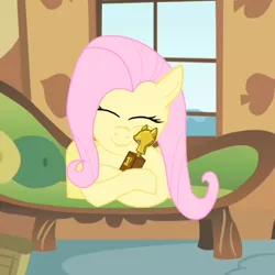 Size: 1326x1326 | Tagged: artist:somepony, contest, derpibooru import, fluttershy, hug, safe, solo, stare master, trophy