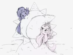 Size: 2521x1916 | Tagged: artist:beefcrow, cewestia, cute, derpibooru import, filly, princess celestia, princess luna, safe, snow, winter, woona