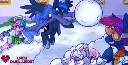 Size: 4500x2309 | Tagged: absurd resolution, artist:ladypixelheart, dead source, derpibooru import, oc, oc:cavatina, oc:shadow, oc:sonate, princess luna, safe, snow, snowball, snowball fight, winter