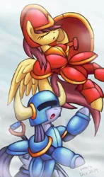 Size: 685x1167 | Tagged: safe, artist:cazra, derpibooru import, maud pie, ponified, earth pony, pegasus, pony, armor, crossover, shield knight, shovel knight