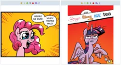 Size: 693x374 | Tagged: safe, derpibooru import, idw, pinkie pie, twilight sparkle, twilight sparkle (alicorn), alicorn, pony, derpibooru, spoiler:comic, spoiler:comicff12, censored vulgarity, exploitable meme, female, juxtaposition, juxtaposition win, mare, meme, meta