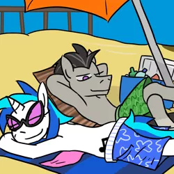 Size: 800x800 | Tagged: artist:jargon scott, beach, cooler, derpibooru import, octavia melody, octavian harmony, octavius, rule 63, safe, umbrella, vinyl scratch