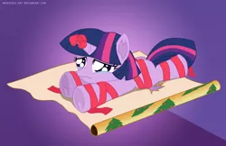Size: 1236x800 | Tagged: artist:ladyanidraws, crying, derpibooru import, fail, filly, filly twilight sparkle, ribbon, safe, tied up, twilight sparkle, wrapping, wrapping paper, younger