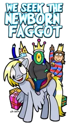 Size: 507x900 | Tagged: safe, artist:curtsibling, derpibooru import, derpy hooves, pegasus, pony, adventure time, chris chan, curtsibling, female, ice king, looking at you, mare, middle finger, present, riding, smiling, vulgar