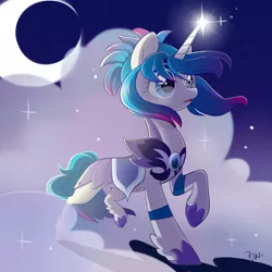 Size: 3600x3600 | Tagged: safe, artist:parfywarfy, derpibooru import, oc, oc:iridescence, unofficial characters only, pony, unicorn, armor, cloud, cloudy, guardsmare, high res, magic, moon, night, night guard, open mouth, ponytail, raised hoof, royal guard, solo, stars