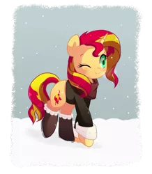 Size: 903x1034 | Tagged: safe, artist:hikariviny, derpibooru import, sunset shimmer, pony, unicorn, clothes, snow, snowfall, solo, winter outfit