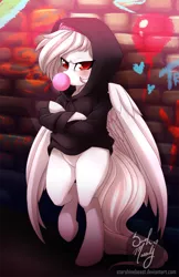 Size: 900x1391 | Tagged: safe, artist:starshinebeast, derpibooru import, oc, unofficial characters only, pegasus, pony, balloon, bubblegum, clothes, looking at you, solo