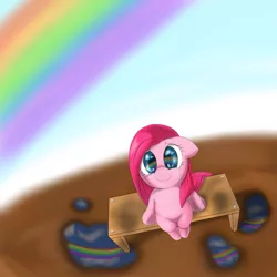 Size: 1000x1000 | Tagged: artist:ushiro no kukan, crying, cute, cuteamena, derpibooru import, looking up, pinkamena diane pie, pinkie pie, pixiv, rainbow, safe, sitting, solo