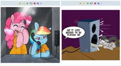 Size: 512x278 | Tagged: clothes, derpibooru, derpibooru import, exploitable meme, juxtaposition, juxtaposition win, meme, meta, octavia melody, phone, pinkie pie, prison, prisoner rd, prison outfit, rainbow dash, safe, speaker, speech bubble