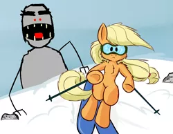 Size: 900x700 | Tagged: applejack, artist:heir-of-rick, chest fluff, crossover, daily apple pony, derpibooru import, goggles, hatless, missing accessory, safe, skifree, skiing, snow, yeti