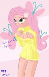 Size: 411x645 | Tagged: suggestive, artist:tozinkai, derpibooru import, fluttershy, equestria girls, blushing, boob window, breasts, cleavage, clothes, female, keyhole turtleneck, open-chest sweater, panties, solo, solo female, sweater, sweatershy, turtleneck, underwear