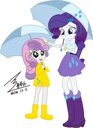 Size: 900x1245 | Tagged: safe, artist:bluse, derpibooru import, rarity, sweetie belle, equestria girls, background removed, boots, bracelet, breasts, clothes, cute, cutie mark on clothes, female, high heel boots, jewelry, rain boots, raincoat, show accurate, signature, simple background, sisters, skirt, umbrella, white background