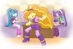 Size: 2250x1500 | Tagged: safe, artist:howxu, derpibooru import, adagio dazzle, aria blaze, sonata dusk, equestria girls, rainbow rocks, cake, chibi, cute, karaoke, microphone, remote control, the dazzlings