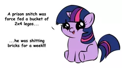 Size: 1194x668 | Tagged: derpibooru import, edit, exploitable meme, filly, filly twilight sparkle, filly twilight telling an offensive joke, lego, meme, obligatory pony, semi-grimdark, shit bricks, twilight sparkle, vulgar