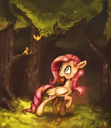 Size: 812x937 | Tagged: safe, artist:theorderofalisikus, derpibooru import, fluttershy, bird, bag, bird feed, folded wings, forest, looking at something, looking back, looking up, mouth hold, raised hoof, tree