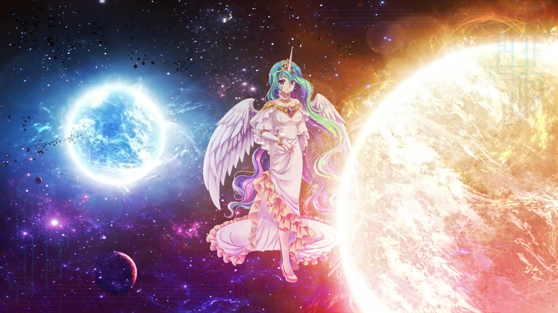 Size: 2560x1436 | Tagged: artist:gpro587, artist:sakuranoruu, clothes, derpibooru import, dress, edit, horned humanization, human, humanized, princess celestia, safe, solo, space, stars, wallpaper, winged humanization