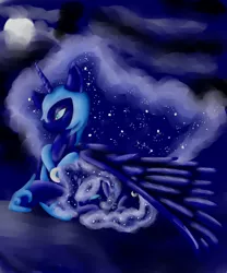 Size: 2500x3000 | Tagged: safe, artist:reiga92, derpibooru import, nightmare moon, princess luna, alicorn, pony, duality, hug, moon, night, prone, protecting, self ponidox, winghug