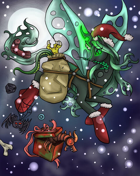 Size: 2000x2500 | Tagged: safe, artist:secretsheik, derpibooru import, queen chrysalis, changeling, changeling queen, spider, bedroom eyes, bone, candy cane, clothes, coal, flying, hat, jack-in-the-box, magic, mouth hold, present, santa hat, smiling, snow, snowfall, socks, solo, the nightmare before christmas