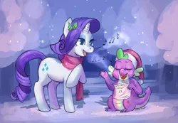 Size: 2900x2009 | Tagged: safe, artist:corelle-vairel, derpibooru import, rarity, spike, caroling, clothes, female, holly, male, scarf, shipping, singing, snow, snowfall, sparity, straight, winter