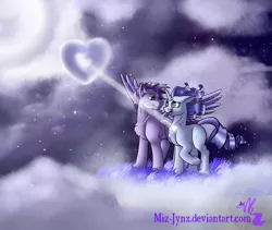 Size: 1024x863 | Tagged: safe, derpibooru import, rarity, oc, oc:kydose, pegasus, pony, beam, canon x oc, cloud, cloudy, female, heart, hearts and hooves day, love, male, moon, moonbeam, mountain, night, raridose, romantic, shipping, straight