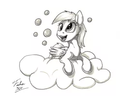 Size: 900x716 | Tagged: safe, artist:tsitra360, derpibooru import, derpy hooves, pegasus, pony, cloud, female, mare, monochrome, solo, traditional art