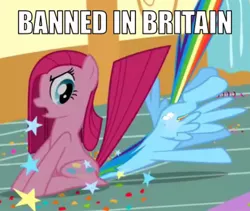 Size: 640x540 | Tagged: safe, derpibooru import, edit, edited screencap, screencap, pinkie pie, rainbow dash, earth pony, pegasus, pony, party of one, britain, caption, facesitting, image macro, law, meme, pinkamena diane pie