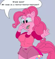 Size: 929x1000 | Tagged: anthro, artist:idiotfarm, breasts, derpibooru import, female, finger under nose, macro, pinkie pie, pre sneeze, safe, solo