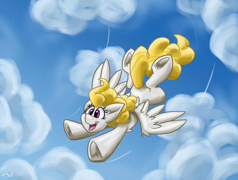 Size: 1118x849 | Tagged: safe, artist:luximus17, derpibooru import, surprise, pegasus, pony, cloud, female, flying, g1, g1 to g4, generation leap, mare, open mouth, sky, smiling, solo, spread wings, underhoof, wings