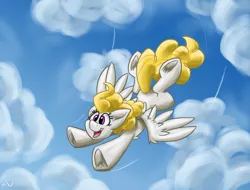 Size: 1118x849 | Tagged: safe, artist:luximus17, derpibooru import, surprise, pegasus, pony, cloud, female, flying, g1, g1 to g4, generation leap, mare, open mouth, sky, smiling, solo, spread wings, underhoof, wings