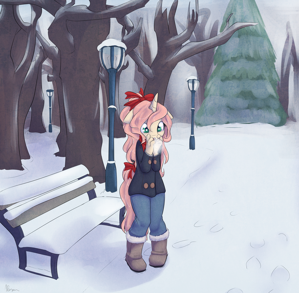 Size: 2650x2600 | Tagged: anthro, artist:alasou, clothes, cold, derpibooru import, hair bow, oc, oc:ruby aura, outdoors, safe, snow, solo, unofficial characters only