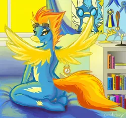 Size: 1280x1199 | Tagged: suggestive, artist:candyfoxy, derpibooru import, spitfire, anthro, unguligrade anthro, alarm clock, ass, bed, book, female, looking back, medals, solo, solo female, spread wings, stupid sexy spitfire, trophy, wonderbolts uniform