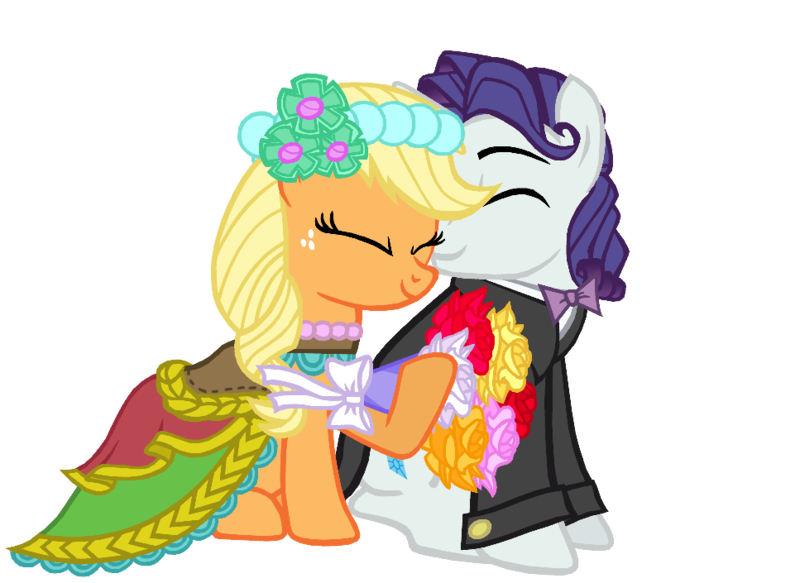 Size: 967x705 | Tagged: safe, artist:dilemmas4u, derpibooru import, applejack, rarity, alternate hairstyle, applelusive (straight), bouquet, bowtie, clothes, dress, elusive, female, half r63 shipping, male, rarijack, rule 63, shipping, show accurate, simple background, straight, transparent background