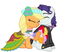 Size: 967x705 | Tagged: safe, artist:dilemmas4u, derpibooru import, applejack, rarity, alternate hairstyle, applelusive (straight), bouquet, bowtie, clothes, dress, elusive, female, half r63 shipping, male, rarijack, rule 63, shipping, show accurate, simple background, straight, transparent background