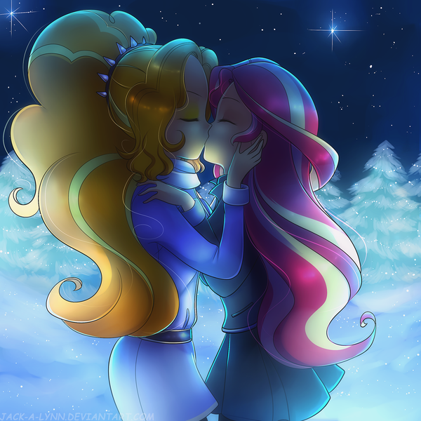 Size: 2222x2222 | Tagged: safe, artist:jacky-bunny, derpibooru import, adagio dazzle, sunset shimmer, equestria girls, rainbow rocks, female, humanized, kissing, lesbian, shipping, snow, snowfall, sunsagio, winter