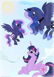 Size: 1024x1455 | Tagged: safe, artist:nightmarelunafan, derpibooru import, princess luna, twilight sparkle, twilight sparkle (alicorn), oc, oc:princess sparkling night, alicorn, pony, family, female, lesbian, magical lesbian spawn, mare, offspring, older, parent:princess luna, parent:twilight sparkle, parents:twiluna, shipping, twiluna