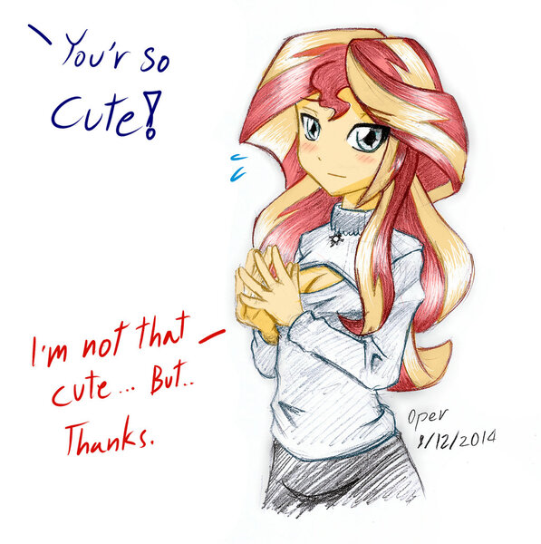 Size: 1024x1029 | Tagged: safe, artist:operationmank, derpibooru import, sunset shimmer, equestria girls, blatant lies, blushing, boob window, cleavage, clothes, cute, female, grammar error, i'm not cute, keyhole turtleneck, misspelling, modesty, open-chest sweater, shimmerbetes, solo, sweater, turtleneck