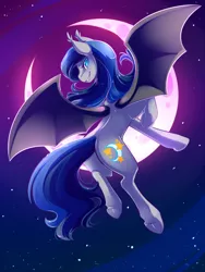 Size: 720x960 | Tagged: safe, artist:duskyamore, derpibooru import, oc, oc:clarity dream, unofficial characters only, bat pony, pony, bat pony oc, bat wings, blue eyes, crescent moon, ear fluff, fangs, female, flying, frog (hoof), grin, looking at you, looking back, looking back at you, mare, moon, night, night sky, rear view, sky, slit eyes, smiling, solo, spread wings, starry night, underhoof, wings