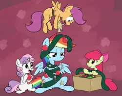 Size: 1464x1162 | Tagged: apple bloom, artist:whatsapokemon, box, candy, candy cane, cutie mark crusaders, derpibooru import, food, lidded eyes, open mouth, ornament, rainbow dash, rope, safe, scootaloo, sitting, smiling, spread wings, stars, sweetie belle, unamused