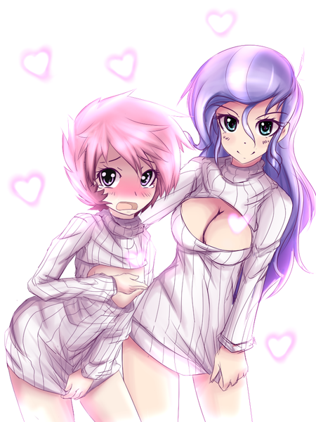 Size: 768x1024 | Tagged: artist:sagasshi, blushing, boob window, bottomless, breasts, busty diamond tiara, cleavage, clothes, covering, delicious flat chest, derpibooru import, diamond tiara, embarrassed, embarrassed nude exposure, female, females only, human, humanized, keyhole turtleneck, nudity, older, open-chest sweater, panties, partial nudity, questionable, scootaflat, scootaloo, sweater, turtleneck, underwear