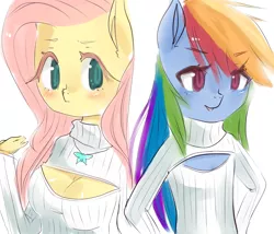 Size: 1280x1095 | Tagged: anthro, artist:marinakirby, blushing, breasts, busty fluttershy, clothes, delicious flat chest, derpibooru import, female, fluttershy, keyhole turtleneck, open-chest sweater, rainbow dash, rainbow flat, safe, sweater, sweatershy, turtleneck