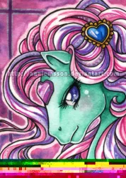 Size: 370x519 | Tagged: aceo, artist:anniemsson, derpibooru import, g1, jewel, safe, skylark, watermark