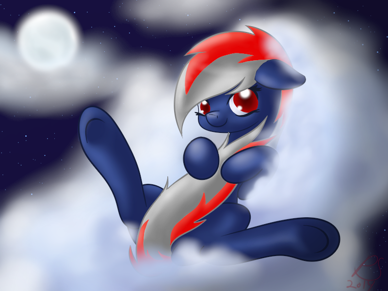 Size: 800x600 | Tagged: artist:jonnysalami, cloud, cloudy, covering, cute, derpibooru import, floppy ears, moon, multicolored mane, night, night sky, oc, oc:gloom plus, on a cloud, on back, red eyes, rule 63, safe, sky, solo, stars, tail covering, tail hug, underhoof, unofficial characters only