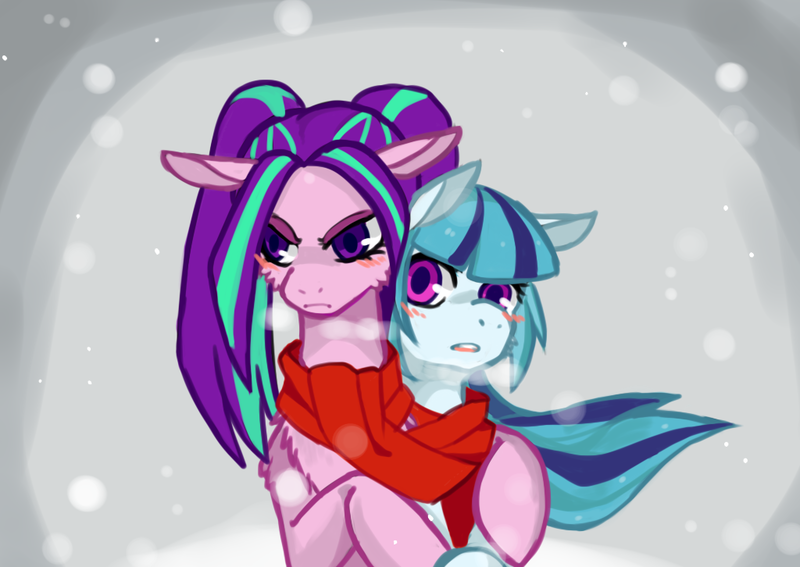 Size: 1024x726 | Tagged: aria blaze, arisona, artist:hisshi shoujo, blushing, clothes, cuddling, derpibooru import, female, lesbian, pixiv, ponified, safe, scarf, shared clothing, shared scarf, shipping, snow, snowfall, snuggling, sonata dusk, winter