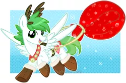 Size: 1024x677 | Tagged: safe, artist:xwhitedreamsx, derpibooru import, oc, unofficial characters only, pegasus, pony, reindeer, bag, bell, bell collar, christmas, clothes, collar, flying, jingle bells, male, shoes, stallion
