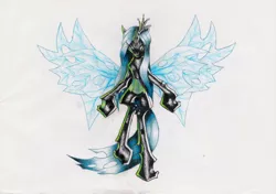 Size: 1600x1127 | Tagged: artist:thatonegib, changeling, changeling queen, colored pencil drawing, derpibooru import, looking at you, queen chrysalis, safe, solo, spread wings, traditional art, wings