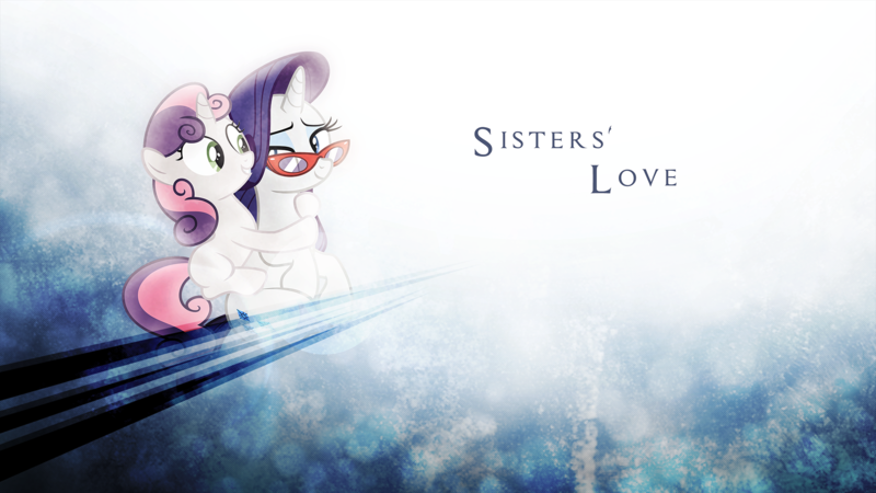 Size: 1920x1080 | Tagged: safe, artist:korsoo, artist:mithandir730, derpibooru import, edit, rarity, sweetie belle, pony, unicorn, female, filly, glasses, hug, lens flare, mare, requested art, sisters, vector, wallpaper, wallpaper edit