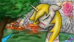 Size: 1280x720 | Tagged: safe, artist:setharu, derpibooru import, oc, oc:goldenblood, unofficial characters only, pony, unicorn, fallout equestria, fallout equestria: project horizons, bust, canterlot, cloud, crying, explosion, male, mountain, outdoors, portrait, river, signature, solo, stallion, tree, war